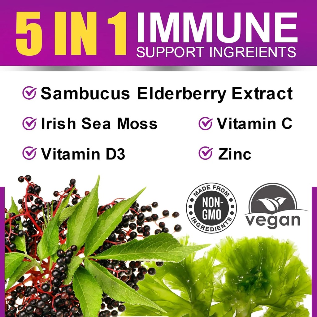 Elderberry Gummies & Irish Sea Moss, Organic Sambucus Elderberry Gummy with Seamoss, Zinc, Vitamin C, D3, Multivitamin Elderberry Vitamin & Energy Support Supplements - Sugar-Free 3