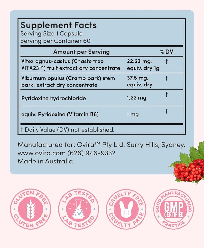OVIRA PMS Supplement for Women | Vitex Berry Extract for Period Cramps, Mood Support and Breast Tenderness | Female Hormone Balance Supplement | Vegan & Cruelty Free - 60 Capsules 5
