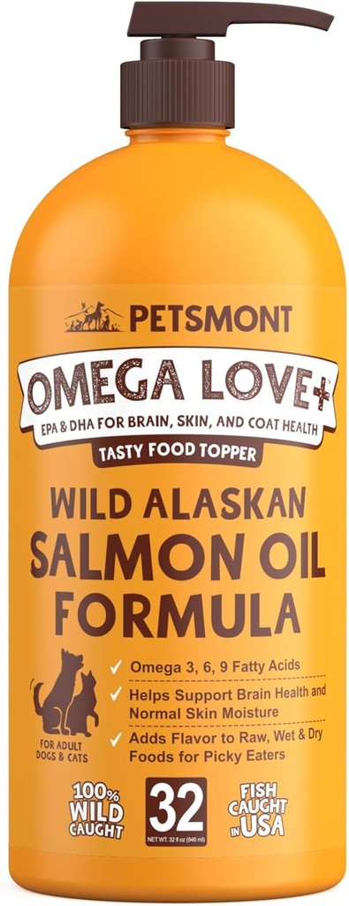 Petsmont Omega Love+ Wild Alaskan Salmon Oil for Dogs Formula 32 oz - Fish Omega Liquid Pump Cats Supports Joint Function Immune Heart Health Food Supplement Pets Natural EPA DHA Fatty Acids 2