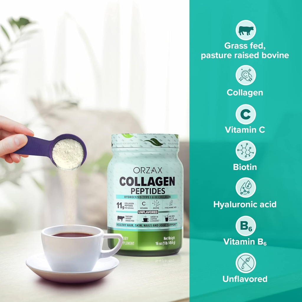 ORZAX Immune Support 9-in-1 Powerful Supplement and Collagen Peptides Powder Unflavored 16 oz, Bundle 6