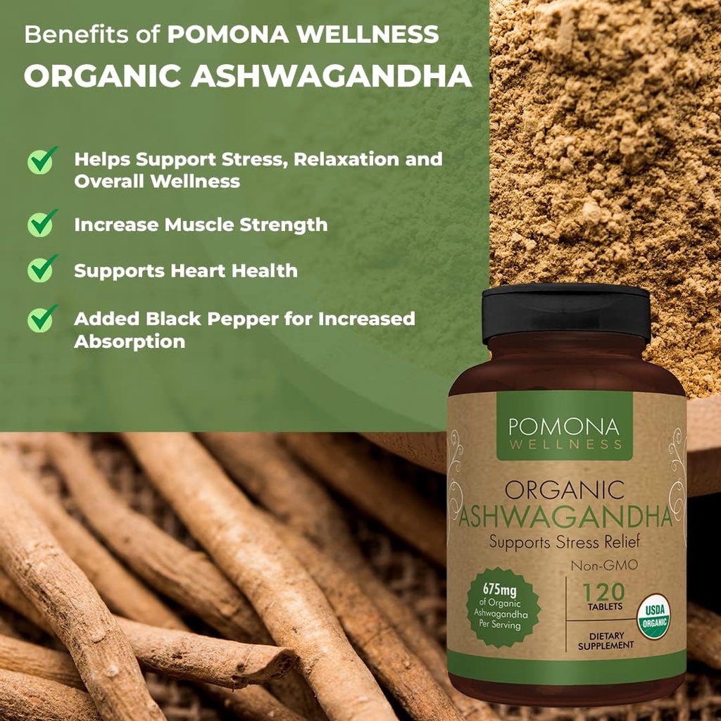 Pomona Wellness Organic Ashwagandha Supplement for Stress Support, 1,350 mg Mood Enhancer & Thyroid Support, USDA Organic, Vegan, Non-GMO, 120 Ashwagandha Root Powder Tablets 3