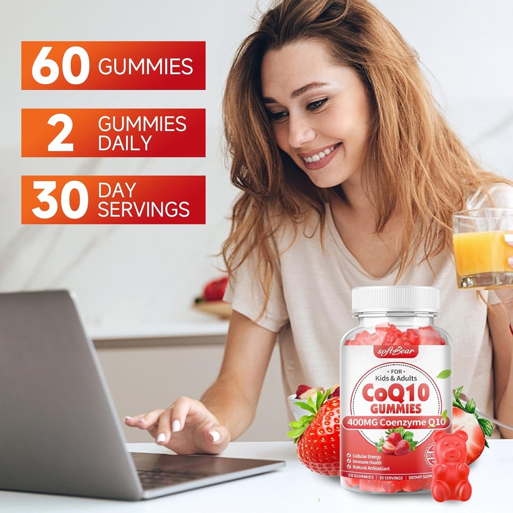 softbear CoQ10 Gummies 400mg Coenzyme Q10 Supplement for Adults, High Absorption coq10 Plus Omega-3, Magnesium, Vitamin B3 & Zinc for Cellular Energy & Antioxidant, Strawberry Flavor 60 Count 6