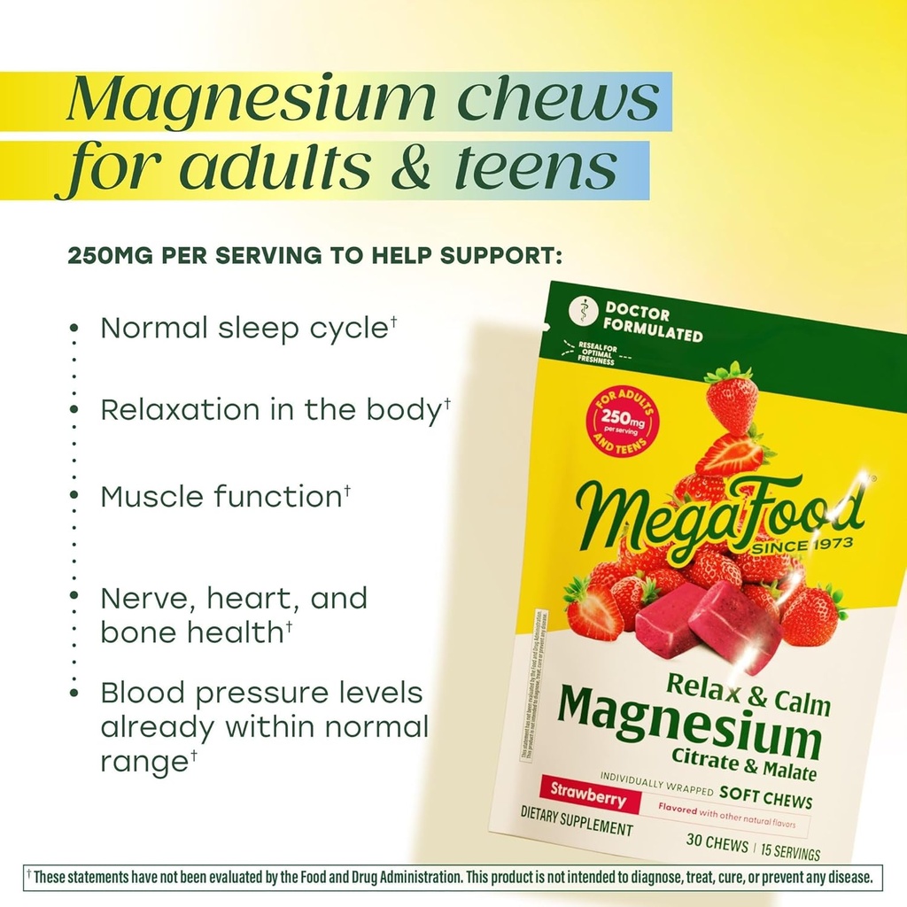 MegaFood Relax + Calm Magnesium Supplement - Soft Chews with Magnesium Citrate & Malate for Heart Health, Muscle Tension & More - Vegetarian - Strawberry Flavor - 30 Chews per Pack (2 Pack) 4