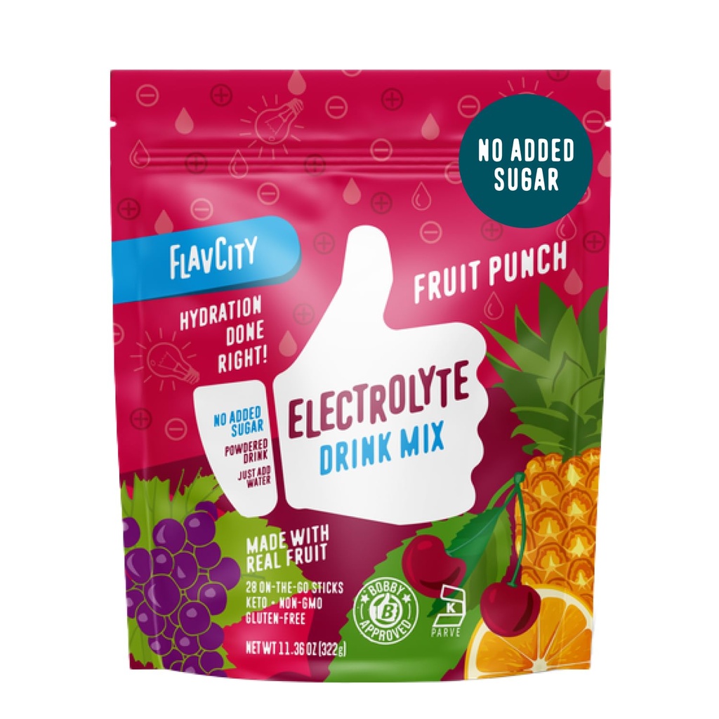 FlavCity Fruit Punch Electrolytes Powder Packets - 28 Hydration Packets - No Added Sugar - Hydration Powder with Real Fruit & Unrefined Sea Salt - Keto & Gluten-Free (28 Stick Packs) 2