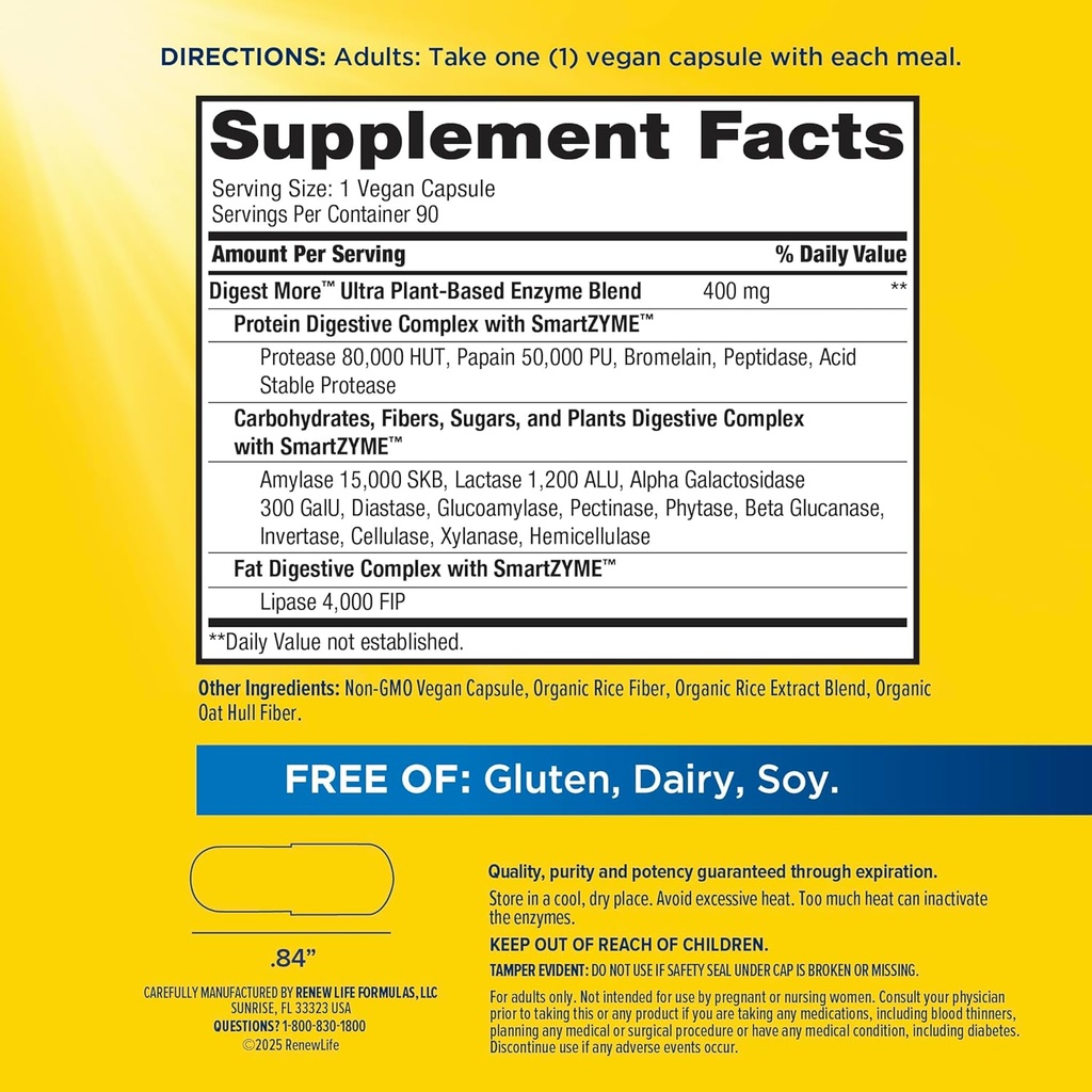Renew Life Adult DigestMore Ultra Enzymes - Ultra-Strength Plant-Based Digestive Enzyme Formula for Men & Women - 90 Vegetarian Capsules 3