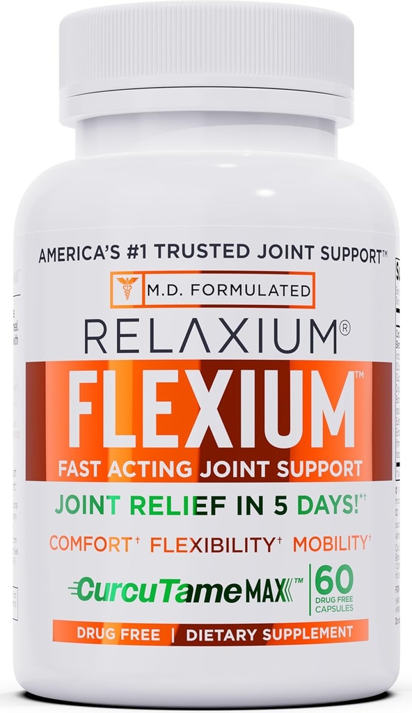 Relaxium Sleep Aid 60 Capsule + Flexium Fast Acting Joint Support 60 Capsule + Flexium Instant Spray for Pain, Max Strength with 10.5% Menthol & CurcuTame 90 ml (Family Pack Sleep & Joint Bundle) 4