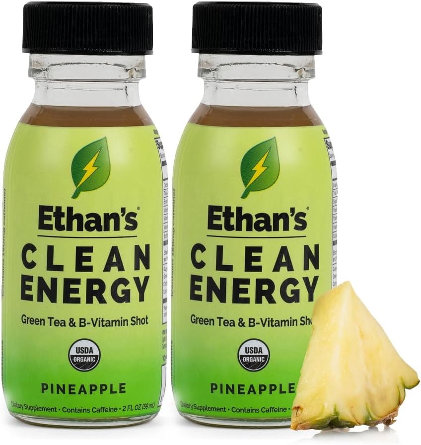 Ethan's Organic Clean Energy Shots Pineapple, Sugar Free Natural Pre-Workout Focus Boost, Gluten Free, Vegan, B6 & B12 Vitamin C with Green Tea Extract and Guayusa (2 Pack of 2oz Shots) 2