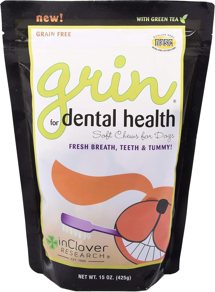 In Clover Natural Dental Treat, Grin, Fresh Breath Dog Chew Treat with Prebiotics, Fresh Breath Tartar Control, Daily Chew Supplement for Dogs Supports Dog Gums and Teeth 2