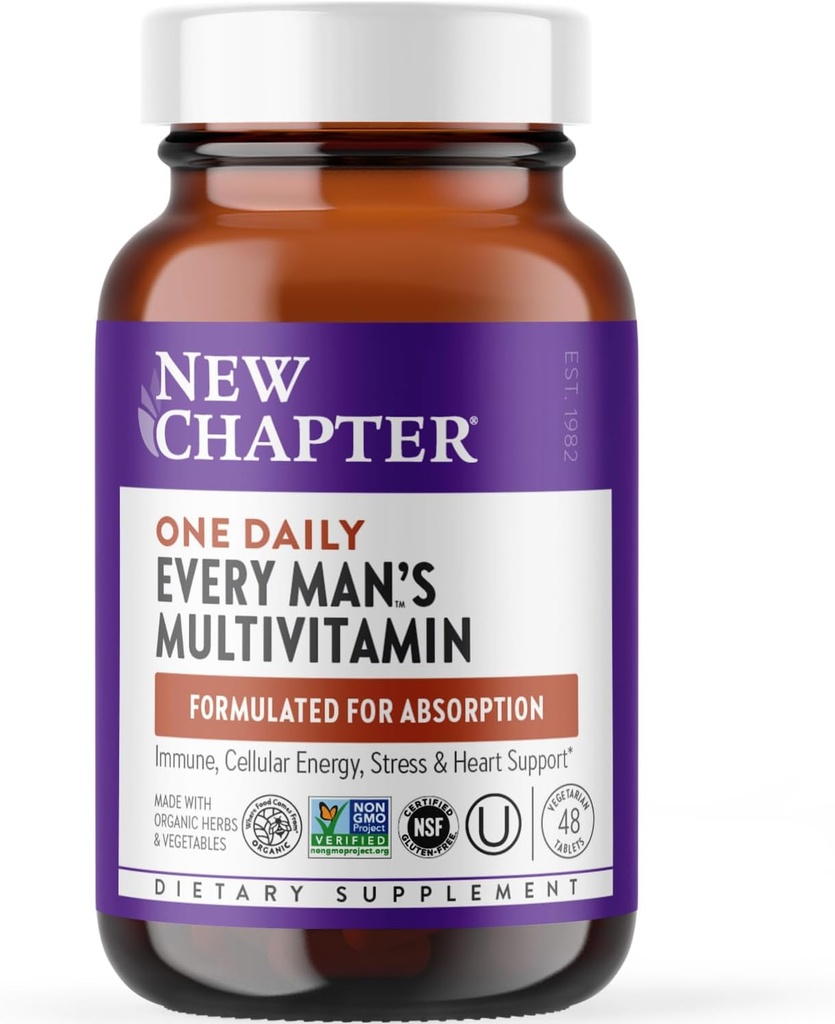 New Chapter Men's Multivitamin for Immune, Stress, Heart + Energy Support with Fermented Nutrients - Every Man's One Daily, Made with Organic Vegetables & Herbs, Non-GMO, Gluten Free - 48 ct 2