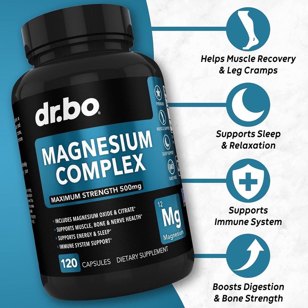 Magnesium Complex Supplement Capsules 500mg - Support Energy, Relaxation, Leg Cramps & Legs - Help Aid Muscle Support Supplements - High Absorption Premium Mag Citrate Oxide - 120 Capsules 3