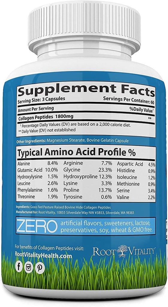 Root Vitality Collagen Peptides Capsules - Grass-Fed, Pasture-Raised Hydrolyzed Protein Supplement for Skin, Hair, & Nails - Non-GMO, Zero Sugar Daily Pills for Men & Women (180 Capsules) 5