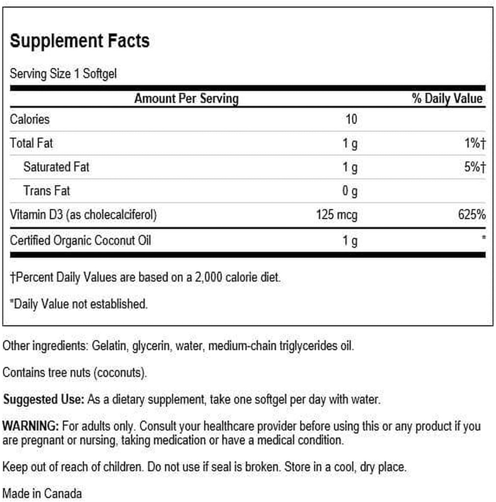 Swanson High Potency Vitamin D-3 w/Coconut - Natural Supplement Promoting Bone Health & Immune System Support - May Help Increase Calcium Absorption - (60 Softgels, 125mcg Each) (2 Pack) 3