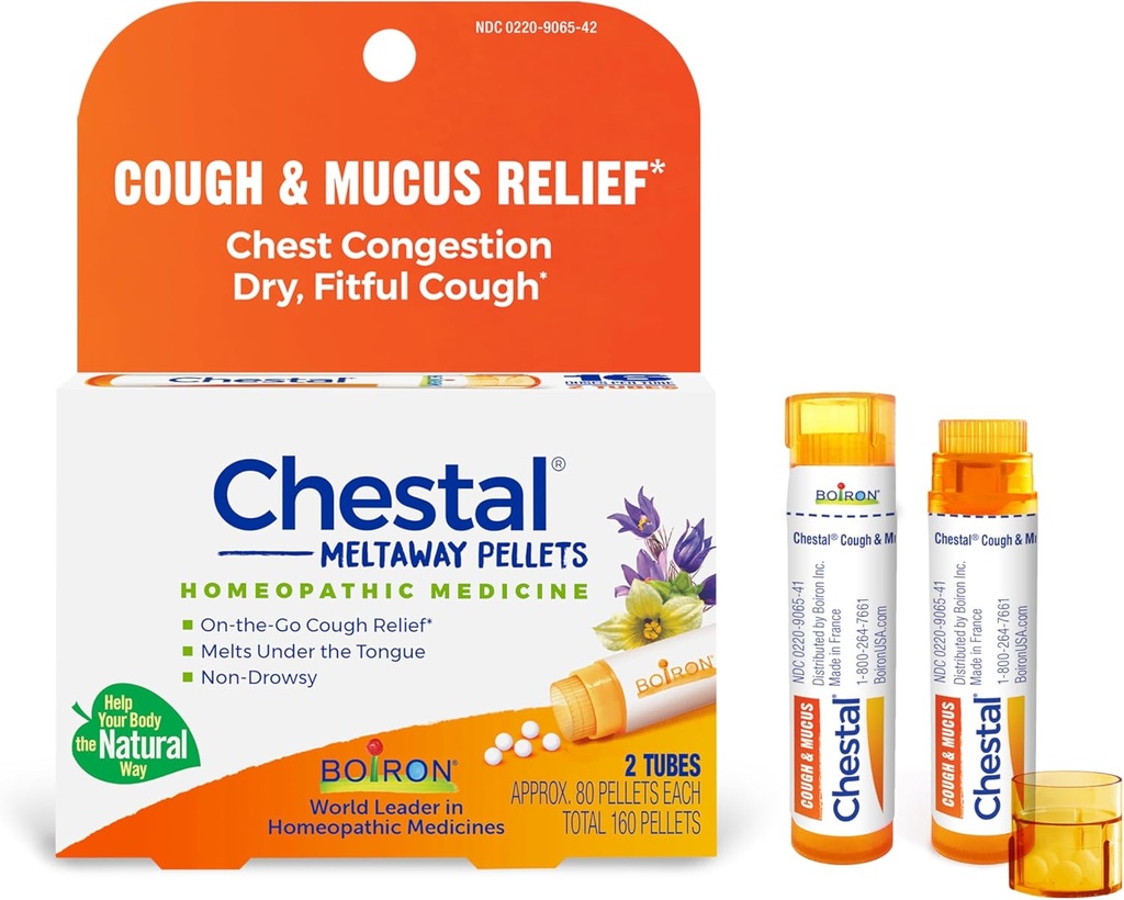 Boiron Chestal Pellets for Cough and Mucus Relief, Nasal or Chest Congestion, and Sore Throat Relief - 2 Count (160 Pellets) 2
