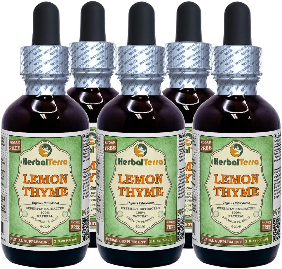 Lemon Thyme (Thymus x Citriodorus) Glycerite, Organic Dried Herb Alcohol-Free Liquid Extract (Brand Name: HerbalTerra, Proudly Made in USA) 2x2 fl.oz (2x60 ml) 5