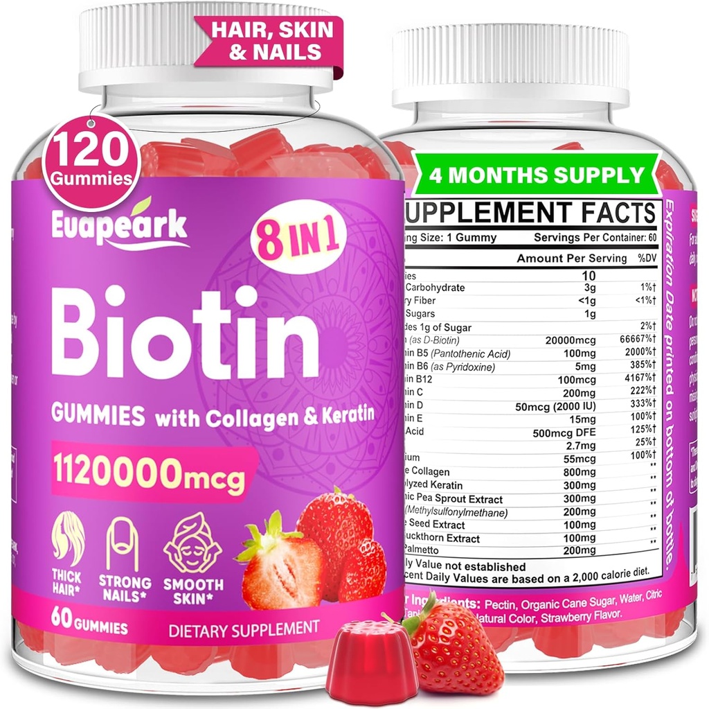 Biotin Gummies for Women and Men, 8 in 1 Organic Formula, Max Strength Biotin and Collagen Gummies with Keratin, Folic Acid & Vitamins, for Hair Growth, Skin and Nails Supplement, Sugar Free,120 Count 2