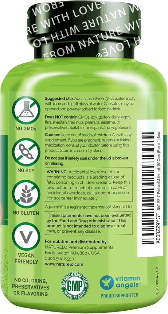 NATURELO Postnatal Multivitamin - Supplement for Breastfeeding Women - Plant-Based Vitamin D, Folate, Gentle Iron - for Nursing Mother, Baby - Post Natal Lactation Support 180 Capsules 3