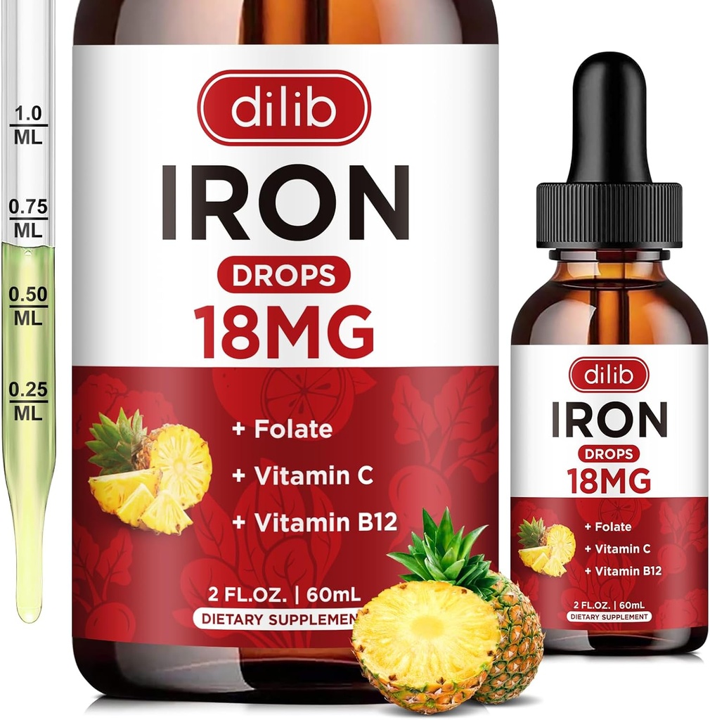 Liquid Iron Supplement for Women & Men Iron Drops Iron Supplements for Anemia with Folate, Vitamin C, B12 for Red Blood Cell Support-Grape, 2 Fl Oz 2