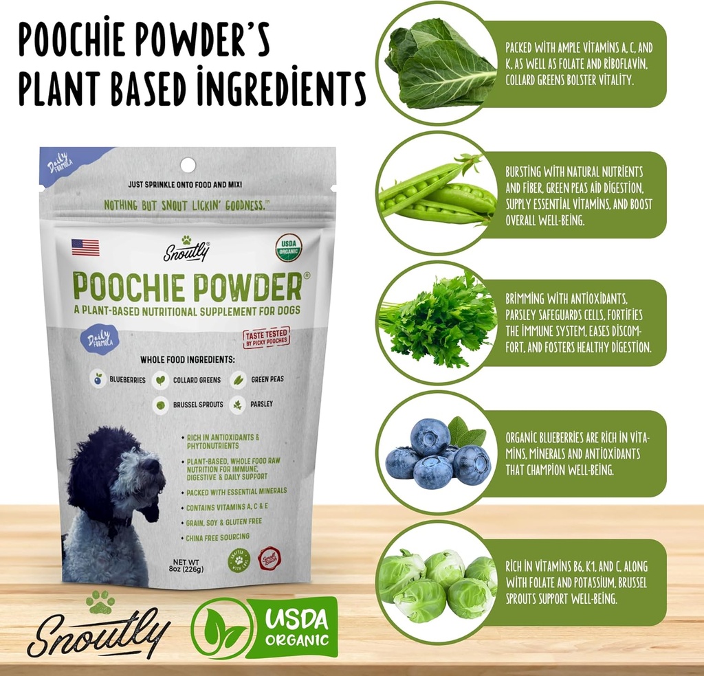 Snoutly Poochie Powder: USDA Certified Organic Dog Supplement & Super Multivitamin - Mother Nature's Vitamins & Minerals for All Dogs & All Ages, Nutritional & Digestion Support, RAW Superfood 4