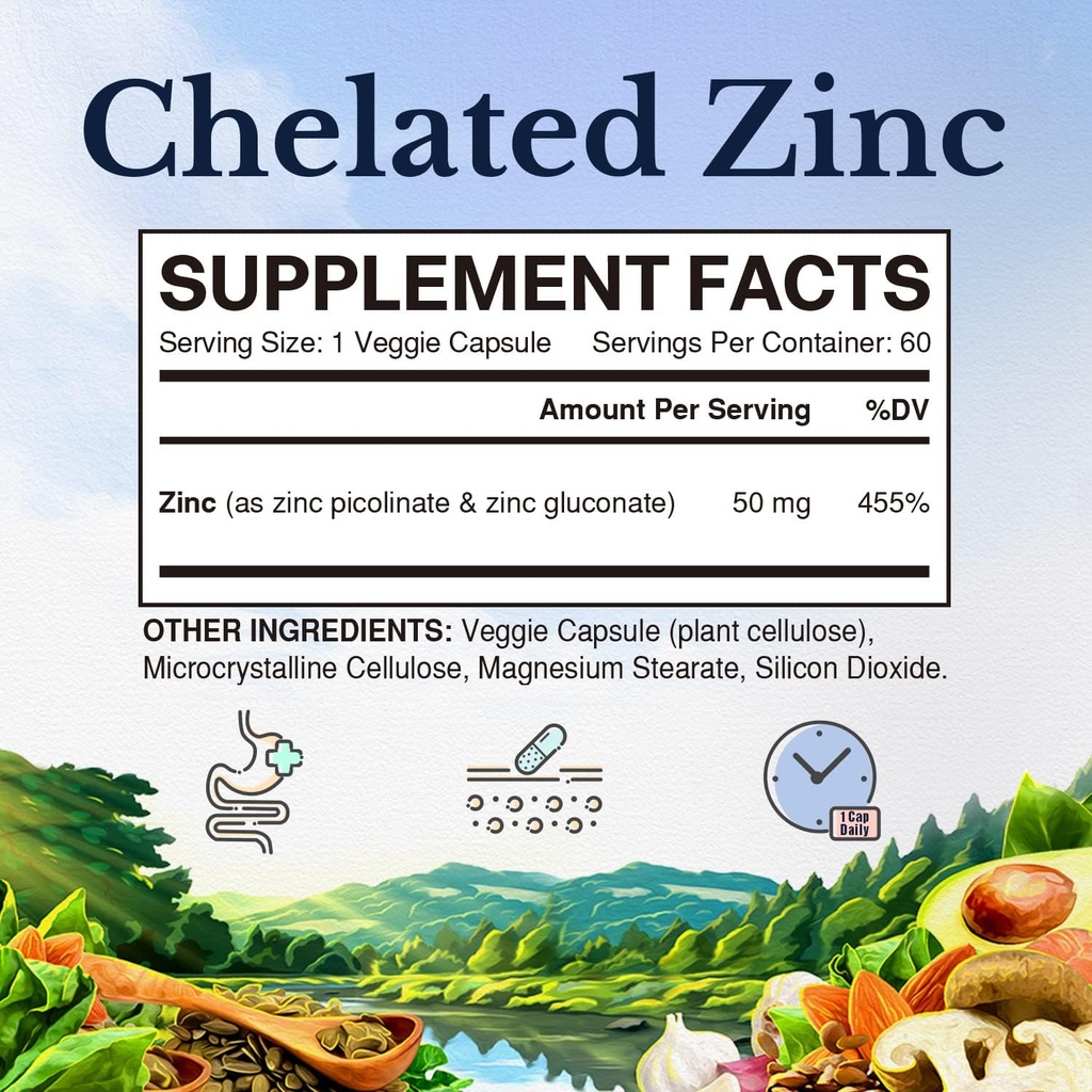 Vitalitown Chelated Zinc 50 mg, Zinc Picolinate & Gluconate, 60 Veggie Capsules, Well-Absorbed, Immune System, Healthy Skin & Development, Vegan, NO Gluten, Non-GMO 3