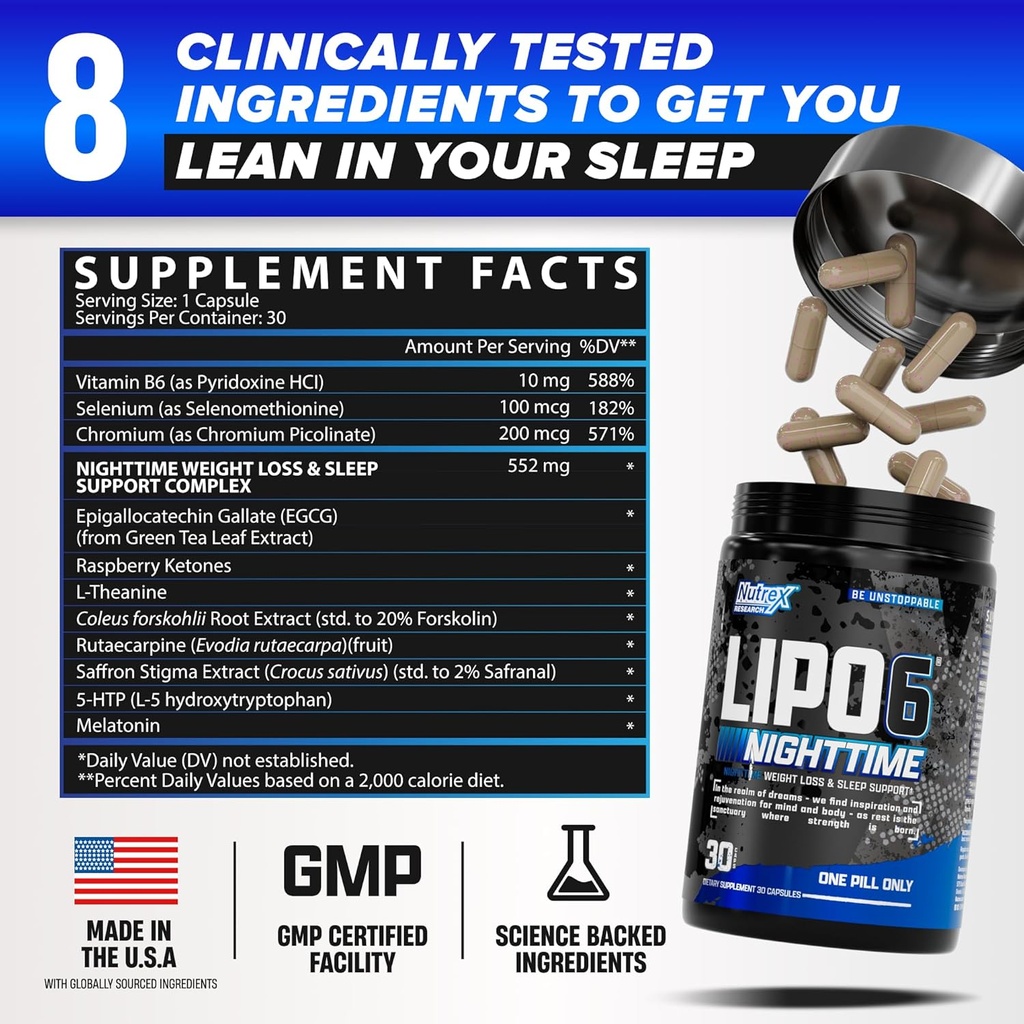 Nutrex Lipo 6 Nighttime Fat Burner | Melatonin Sleep Aid & Weight Loss Diet Pills for Men and Women | Night Time Metabolism Booster Appetite Suppressant | 30 Servings (1) 3