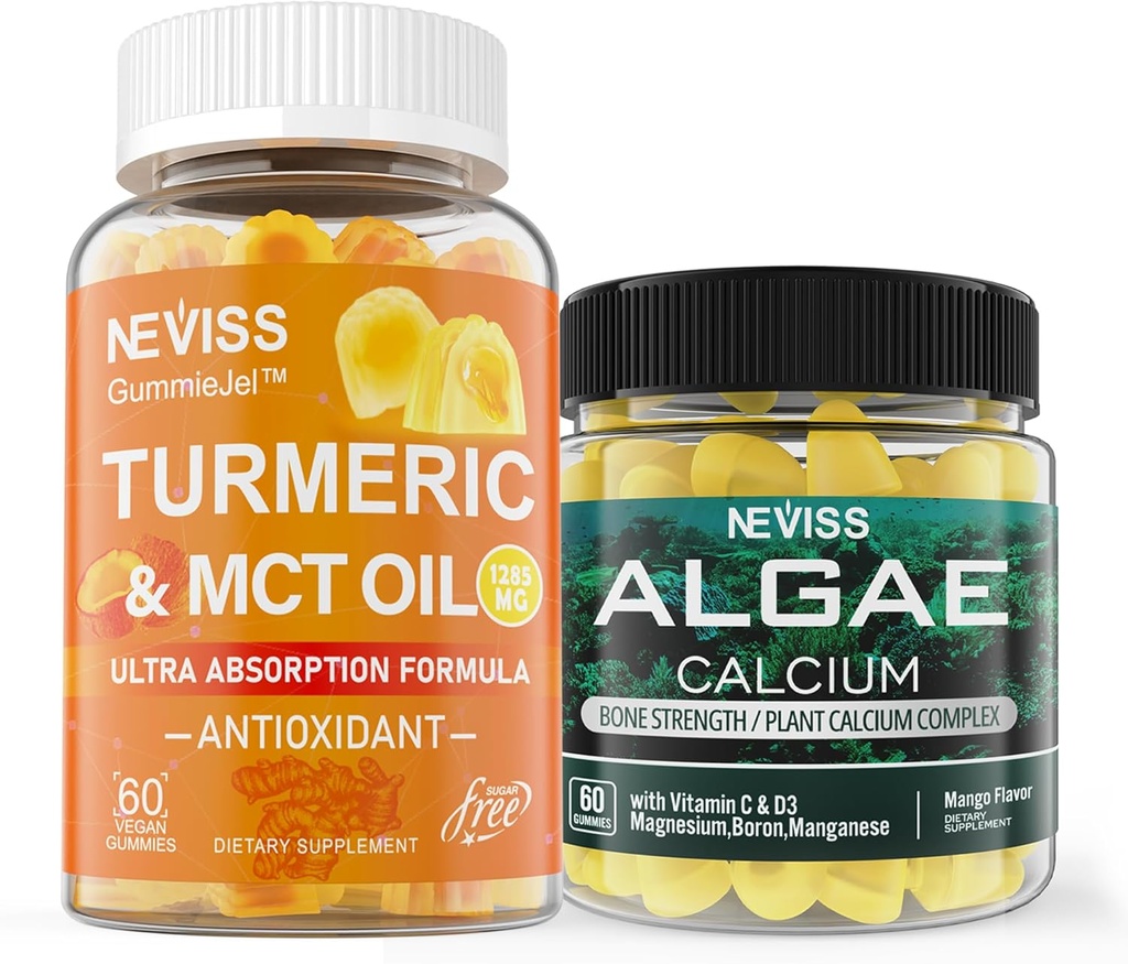 NEVISS Sugar Free Turmeric Curcumin Gummies + Marine Algae Calcium Supplement 600mg, High Absorption, Vegan 2