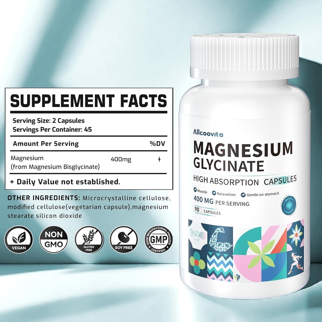 Magnesium Glycinate 400 MG per Serving 100% Chelated for High Absorption, Gentle On Stomach, Non-GMO, 90 Vegetarian Capsules 3