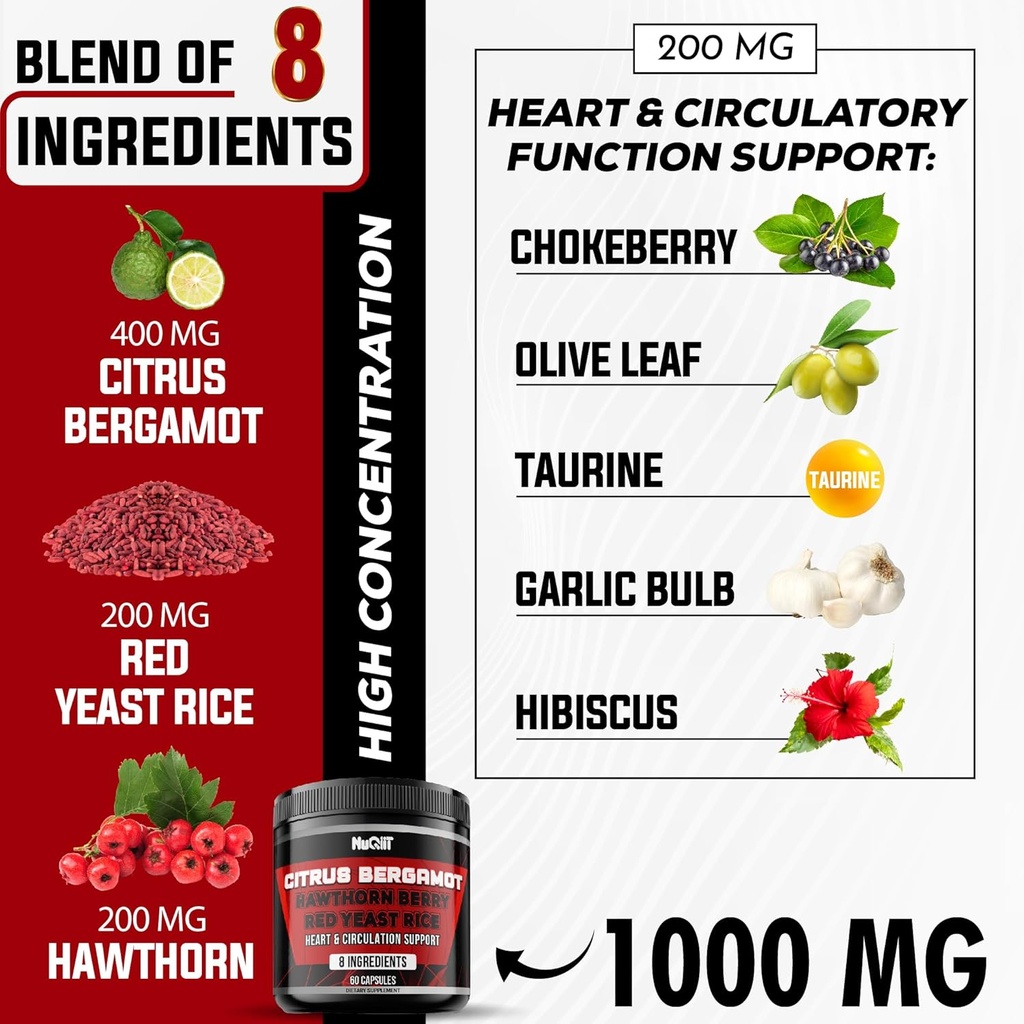 Citrus Bergamot with Red Yeast Rice, Heart & Circulatory Function Support as Black Chokeberry, Hawthorn & More - Immune System, Heart Health & Comfortable Mood - 60 Capsules 3