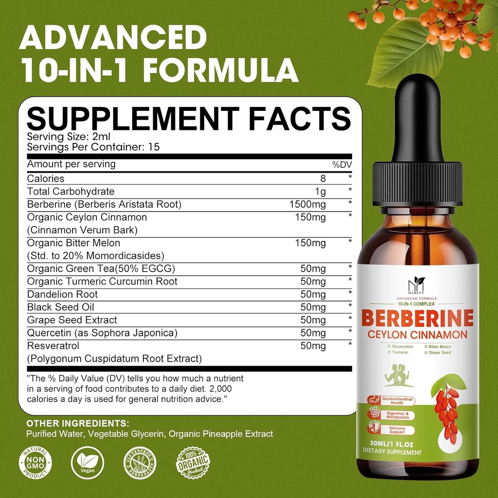 Berberine Supplement Liquid Drops, Berberine 1500mg with Ceylon Cinnamon, Turmeric, Resveratrol, Bitter Melon, Vegan Supplement, Supports Immune System & Digestive System - 2 FL Oz 4