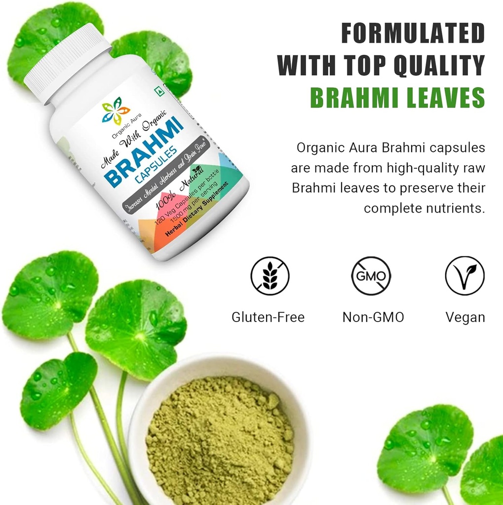 Organic Aura Brahmi Capsules -120 Count. Naturally Strengthens and Boosts Immunity and Memory. Whole Green SuperFood. Non GMO - Gluten Free. 5