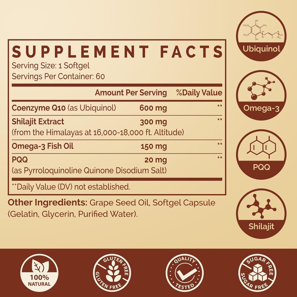 Ubiquinol CoQ10 600 MG Softgels with Omega-3 & Shilajit & PQQ, Advanced Dual-Delivery Coenzyme-Q10, Active CoQ10 Ubiquinol Supplement for Fertility, Antioxidant, Heart, Brain & Energy, 360 Servings 3