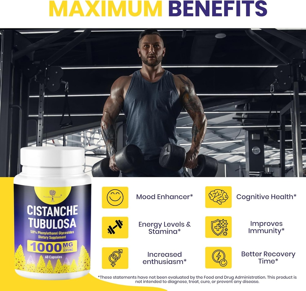 Organic Quality Cistanche Tubulosa |1000mg 60 Capsules |50% Echinacoside, Acteoside, Tubuloside B from Total Phenylethanoid Glycosides. A Natural Energy Supplement for Strength, Performance, Vitality 3