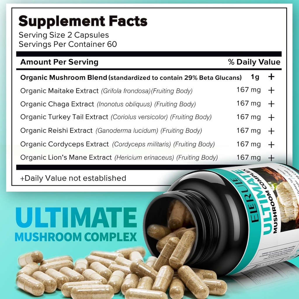 6 in 1 Mushroom Supplement - Focus, Memory, Nootropics Brain & Immune Support Mushroom Complex with Lions Mane, Reishi, Cordyceps, Chaga, Turkey Tail, Maitake (120 Capsules) 4