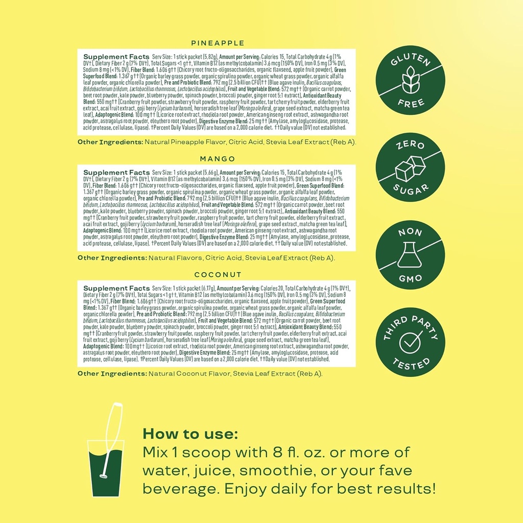 Bloom Nutrition Superfood Greens Powder Stick Packs, Digestive Enzymes with Probiotics and Prebiotics, Gut Health, Bloating Relief for Women, Chlorella, Green Juice Mix, 18 SVG, Tropical Variety 5