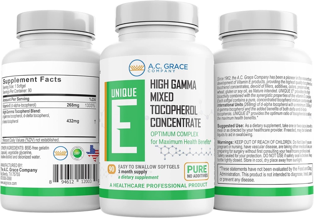 UNIQUE E A.C. Grace Company, Mixed Tocopherols Concentrate Softgels, 90 Count 3