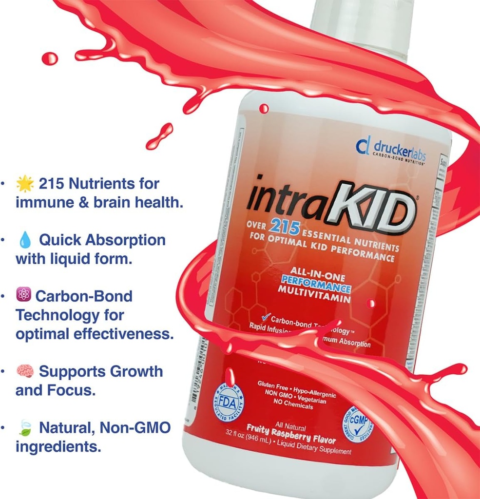 Drucker Labs Organic Liquid Multivitamin for Kids, Immune Support, Non GMO, Dairy Free, Gluten Free, Magnesium, Vitamin A,C,E, Zinc, (32 oz., Fruity Raspberry) 6