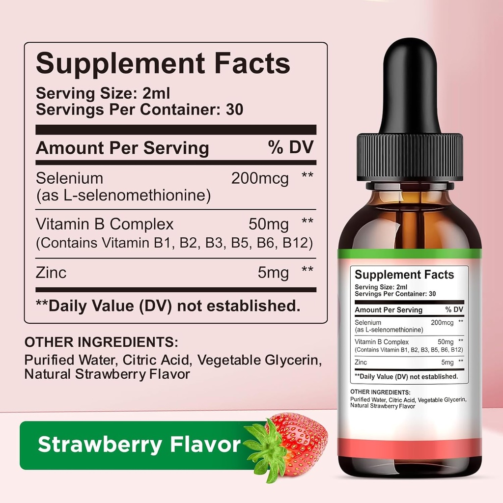 Selenium Liquid Drops - 200mcg Liquid Selenium Supplement with Vitamin B Complex & Zinc - Support for Immune System, Antioxidant & Heart Health, High Absorption - Strawberry Flavor, 2 Fl Oz 3