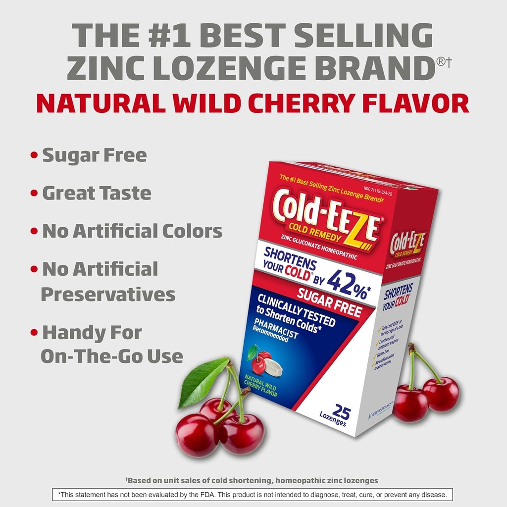 Cold-EEZE Sugar-Free, Natural Wild Cherry Zinc Lozenges, Homeopathic Cold Remedy, Shortens The Common Cold, Sore Throat, Cough, Congestion & Post Nasal Drip, 25 Ct 6