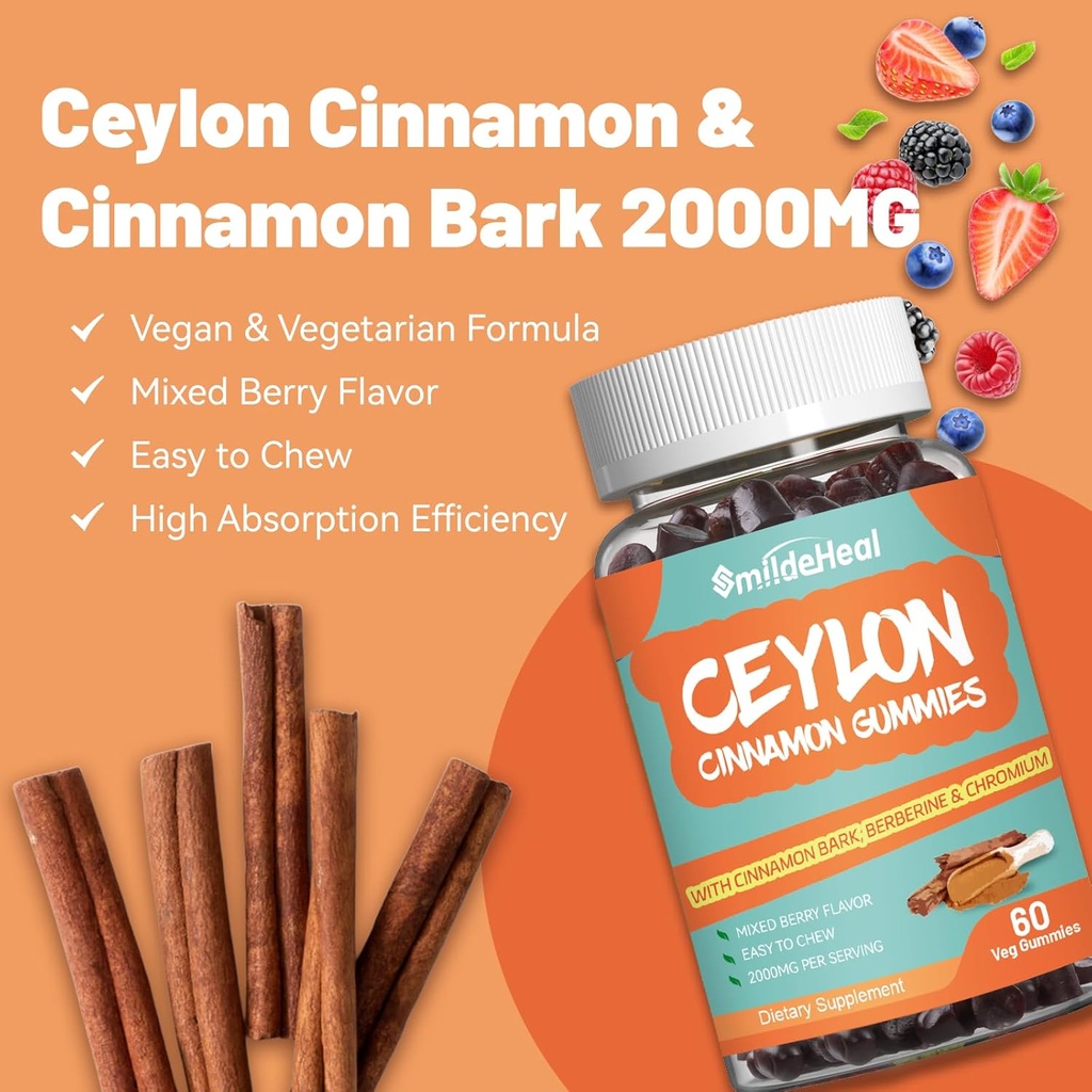 Sugar Free Ceylon Cinnamon Gummies 2000MG, Cinnamon Supplement with Chromium and Cinnamon Bark, Vegan, Non-GMO, Gluten Free, 60 Gummies 5