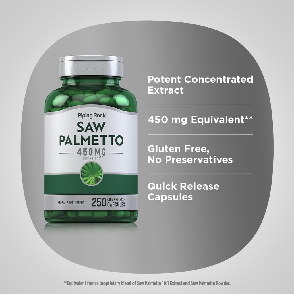 Piping Rock Saw Palmetto for Men and Women | 450 mg | 250 Capsules | Herb Extract Supplement | Serenoa Repens | Non-GMO, Gluten Free 5