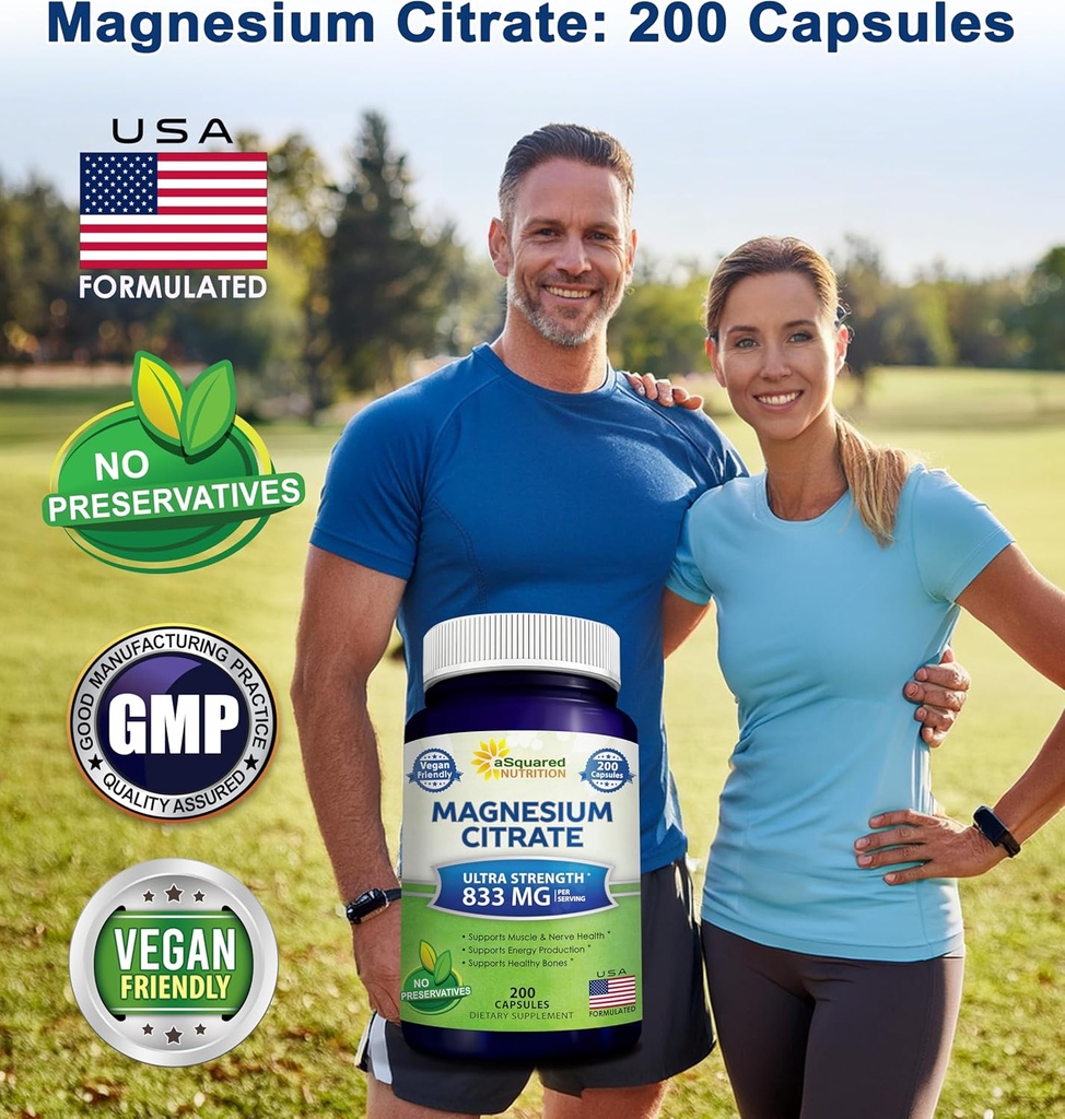 aSquared Nutrition Magnesium Citrate 833mg Supplement - 200 Capsules - Max Strength Vegan Mag Citrate Powder Pills to Support Pure Function of Muscles, Heart & Bones - Helps Increase Energy 3