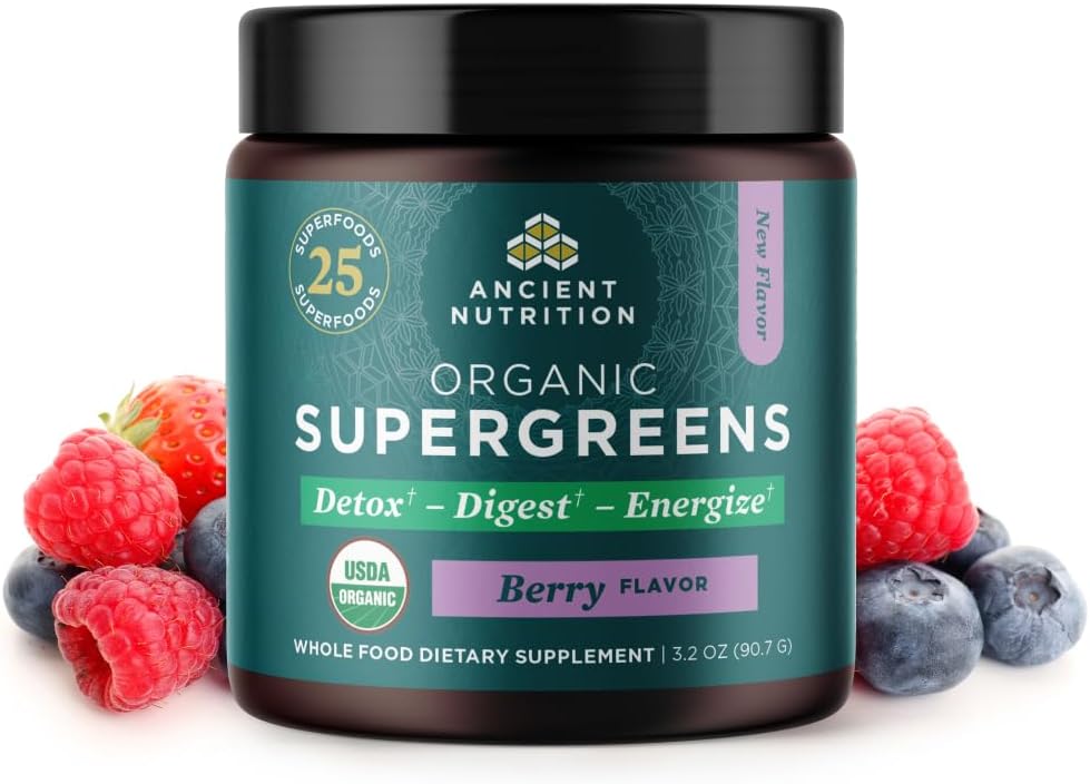 Ancient Nutrition SuperGreens Powder with Probiotics, Organic Berry Flavor Greens, Made from Real Fruits, Vegetables and Herbs, Digestive and Energy Support, 12 Servings, 3.2oz 2