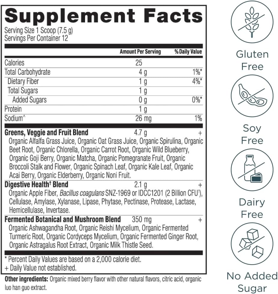 Ancient Nutrition SuperGreens Powder with Probiotics, Organic Berry Flavor Greens, Made from Real Fruits, Vegetables and Herbs, Digestive and Energy Support, 12 Servings, 3.2oz 3