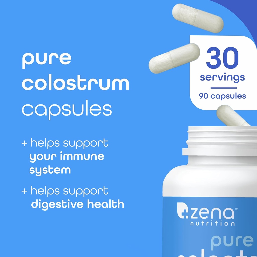Zena Nutrition Pure Colostrum Capsules, 1500mg Supplement, Grass Fed Bovine Colostrum, Supports Immune and Digestive Health, Promotes Gut Health, Gluten Free, Fat Free, 1 Month Supply, 90 Capsules 3