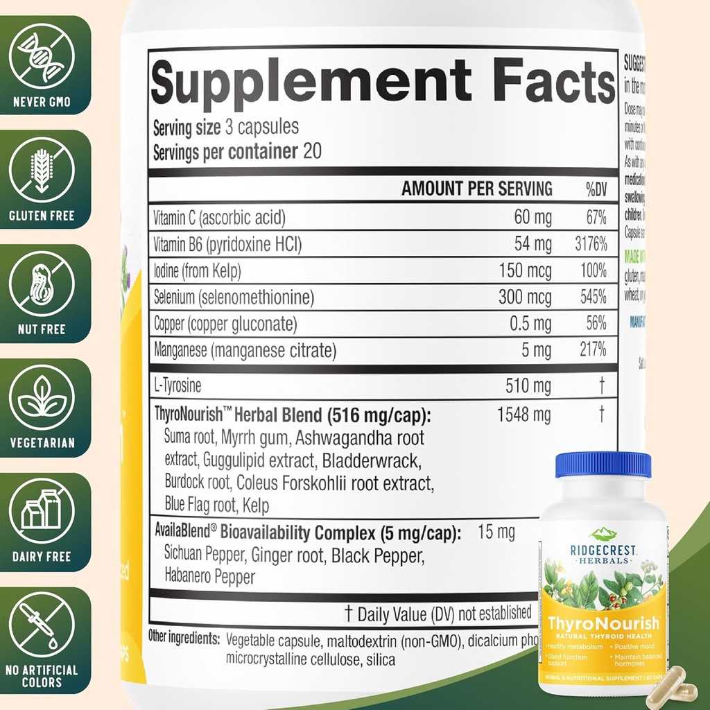 Ridgecrest Herbals ThyroNourish, Thyroid Support, Herbal and Vitamin Supplement with Ashwagandha, L-Tyrosine, Iodine, Copper, Kelp. Supports Energy, Metabolism Health, Normal Sleep (60 Caps, 30 Serv) 4