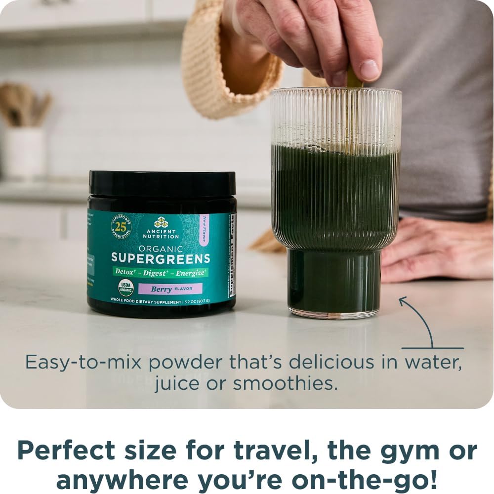 Ancient Nutrition SuperGreens Powder with Probiotics, Organic Berry Flavor Greens, Made from Real Fruits, Vegetables and Herbs, Digestive and Energy Support, 12 Servings, 3.2oz 6