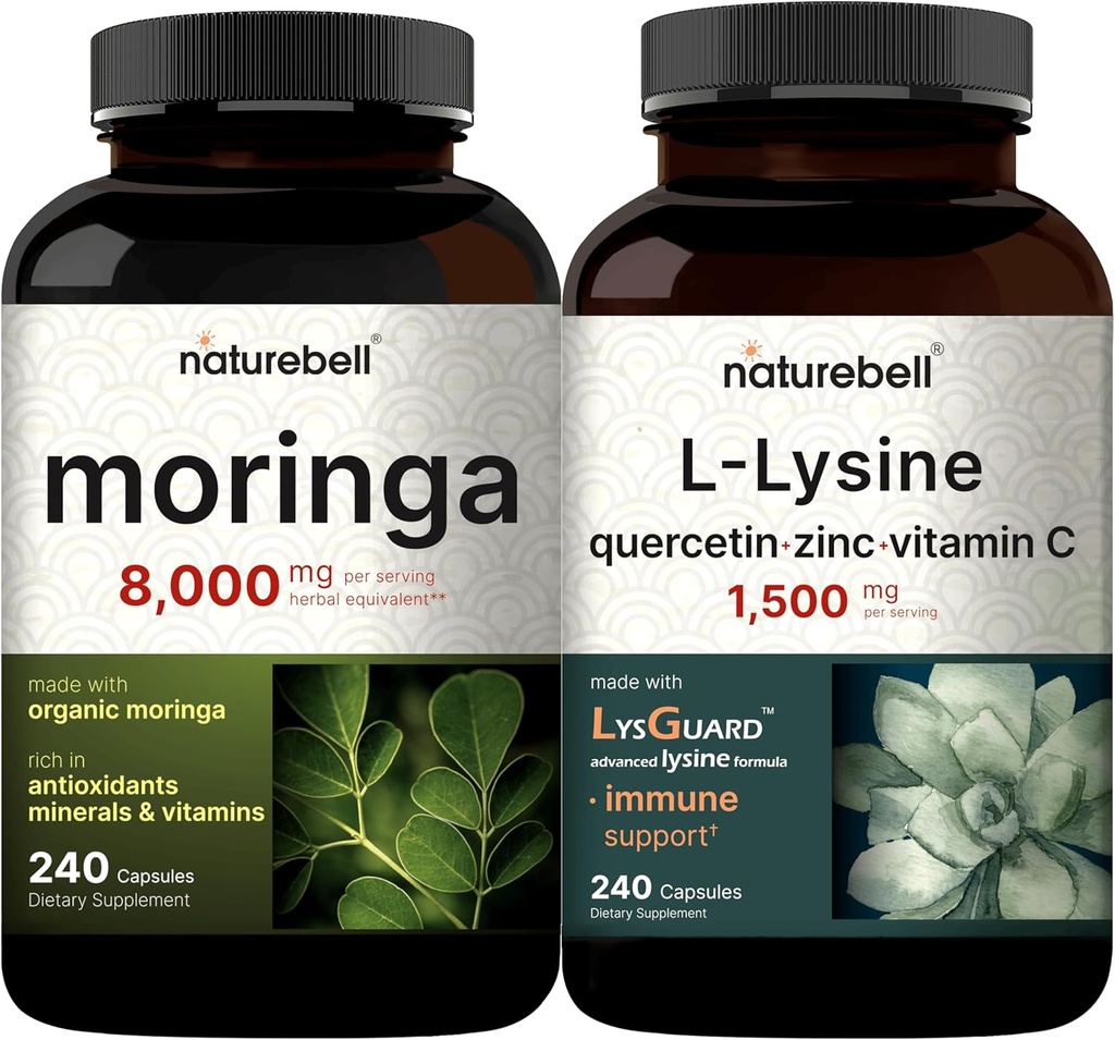NatureBell Moringa Oleifera 8000mg Per Serving & L-Lysine 1,000mg Capsule Bundle Pack | Superfood Antioxidant | Free Form Amino Acids, L Lysine Complex 2