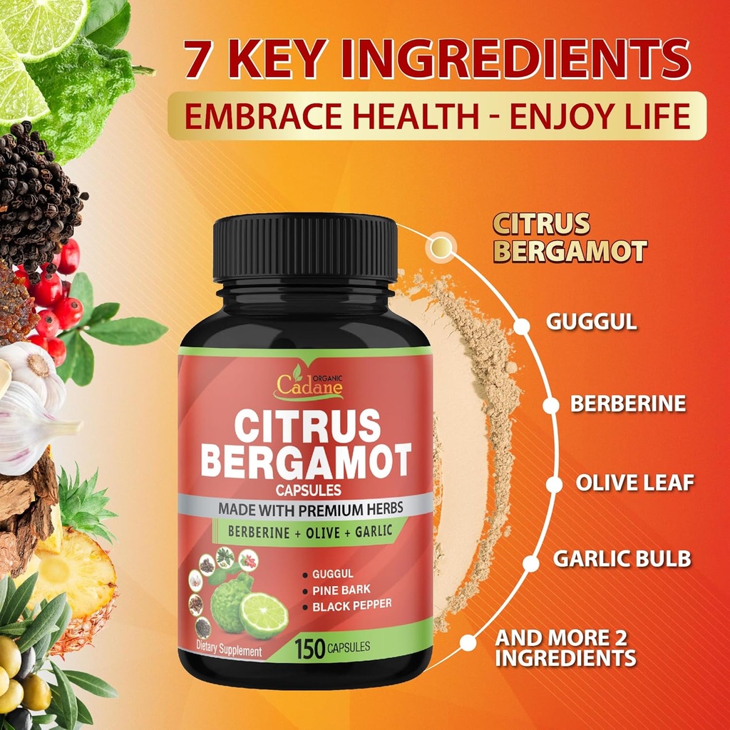 Cadane Citrus Bergamot Supplement Capsules with Berberine, Olive, Guggul, Garlic, Pine Bark, Black Pepper - 150 Caps for 5 Months Supply 6
