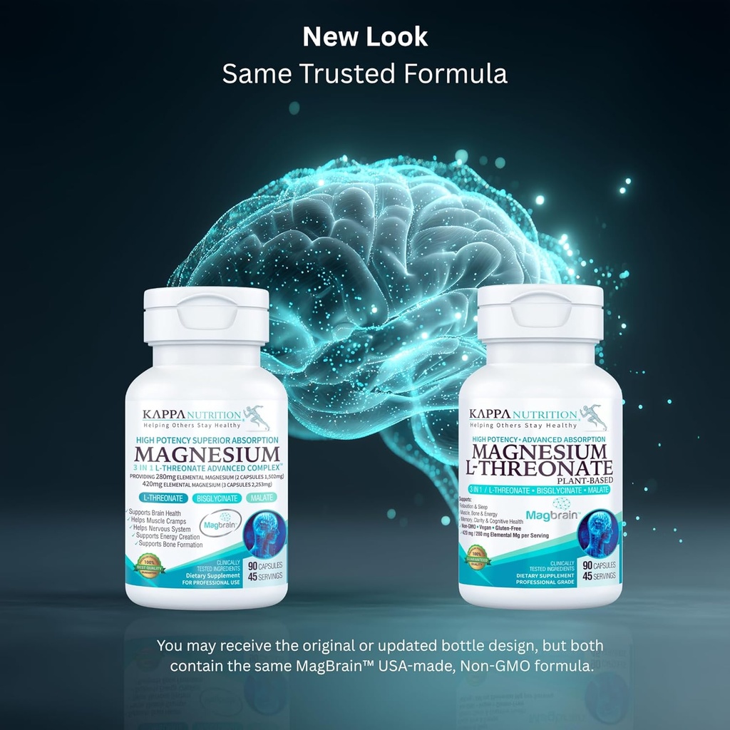 Kappa Nutrition Powered by Magbrain™ Magnesium L-Threonate Plant-Based, 420mg Elemental Magnesium (3 Capsules) from 2,253mg, 90 Vegan Capsules, Brain, Sleep & Muscle Support. 3