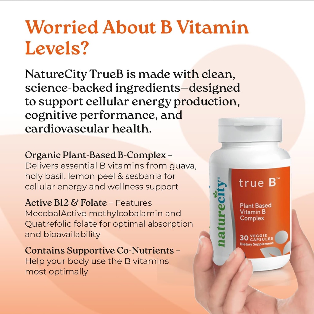 NatureCity True-B Plant-Based Super B Vitamin Complex Supplement |Made from Certified Oraganic Whole Food Plant Sources with Active Folate and Vitamin B12 - (30 Veggie Capsules) 5