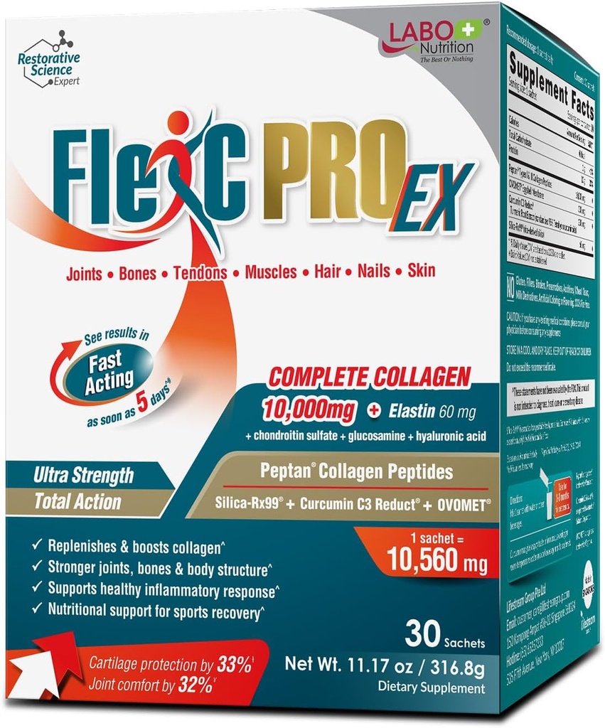 LABO Nutrition FlexC PRO EX, Full Spectrum Collagen, Type I, III, V & X, Peptan Collagen, Eggshell Membrane, Water Soluble Silica & Curcumin C3 Reduct, for Hair, Skin, Nails, Joint, Bones, Muscles 2